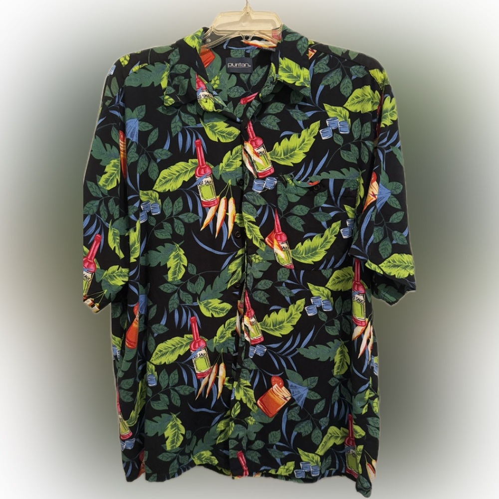 Puritan Hawaiian Print Hot Sauce Shirt Men’s L Large Black Button Front VACATION